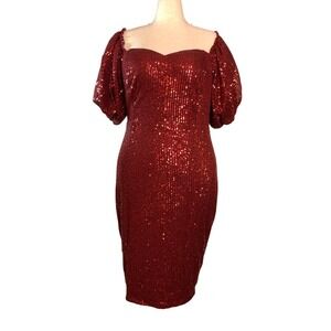 Faeriesty Womens Size 3XL Burgundy Sequin Off Shoulder Puff Sleeve Bodycon Dress